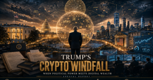 Cover image: a suited man facing a glowing digital globe over a city skyline, with legal books and a U.S. Capitol in the foreground; title reads 'Trump's Crypto Windfall' - political-digital wealth theme.