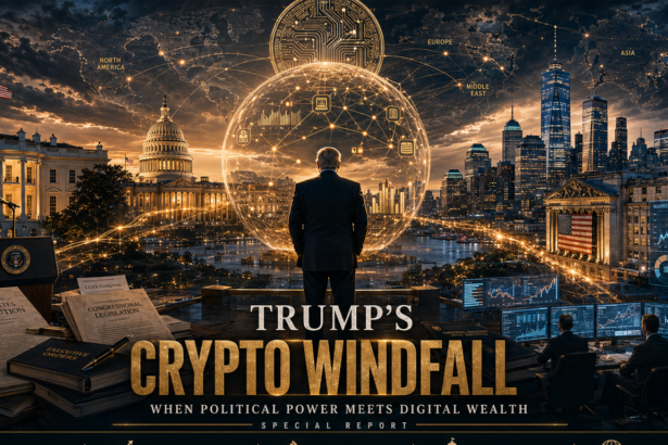 Cover image: a suited man facing a glowing digital globe over a city skyline, with legal books and a U.S. Capitol in the foreground; title reads 'Trump's Crypto Windfall' - political-digital wealth theme.