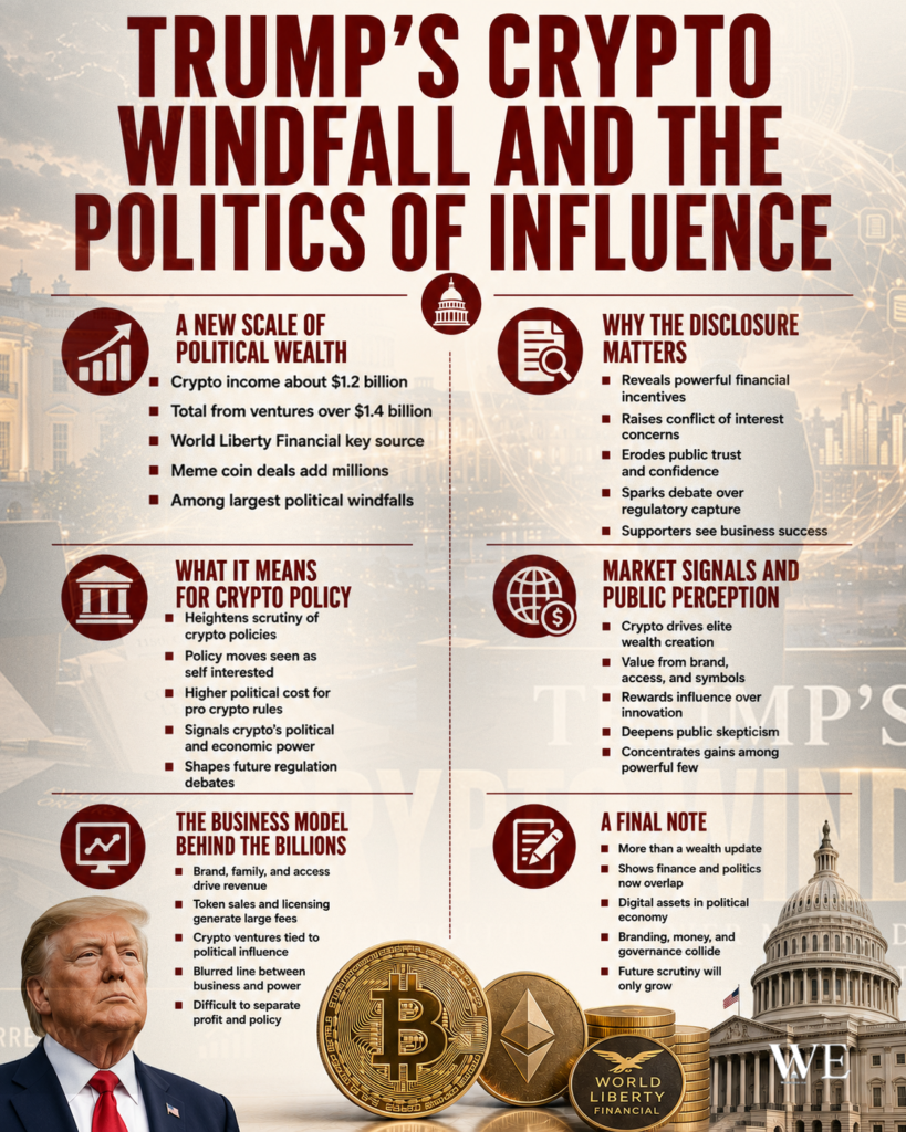 Infographic titled "Trump's Crypto Windfall and the Politics of Influence" with sections on wealth, policy, and public perception; shows coins, a Capitol dome icon, and a photo of Trump with large cryptocurrency imagery.