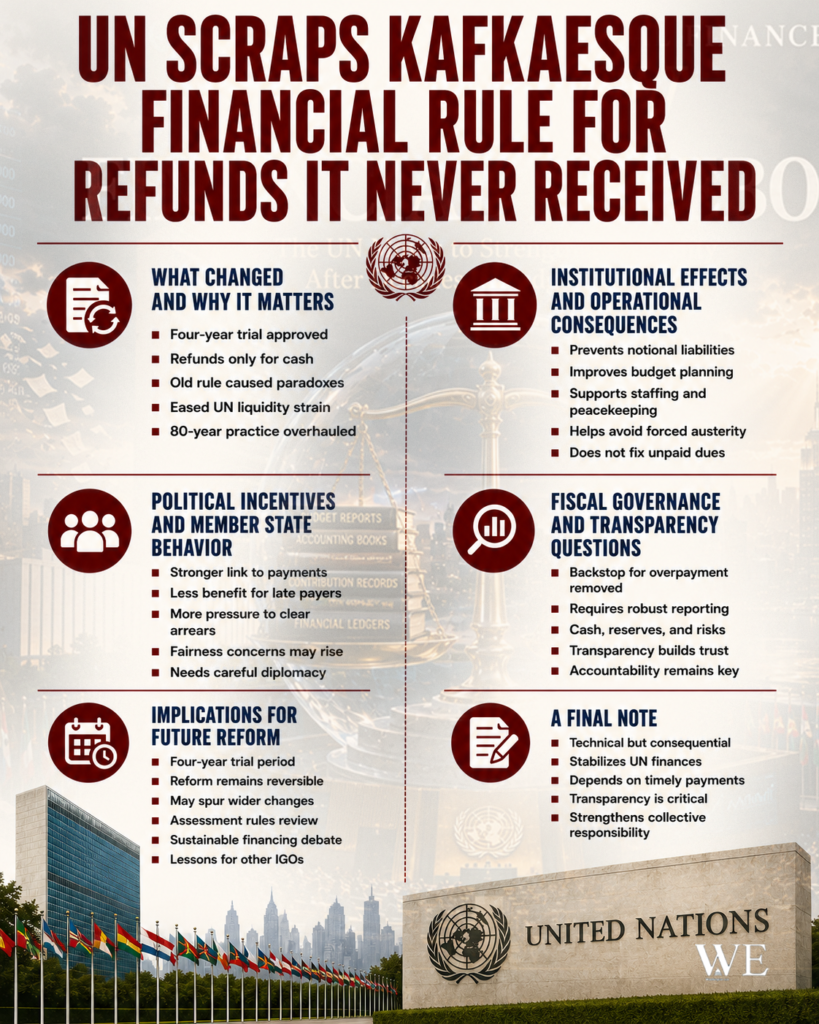 Infographic outlining UN financial rule changes with sections on changes, effects, incentives, governance, implications, and a UN emblem image in the center.