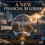UN poster-style scene showing a giant globe on a golden balance scale, with a crowded UN hall and city skyline at sunset, signaling a new financial rulebook.