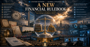 UN poster-style scene showing a giant globe on a golden balance scale, with a crowded UN hall and city skyline at sunset, signaling a new financial rulebook.