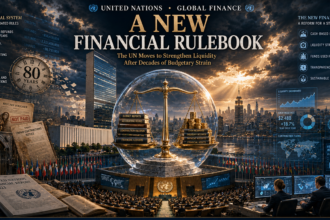 UN poster-style scene showing a giant globe on a golden balance scale, with a crowded UN hall and city skyline at sunset, signaling a new financial rulebook.