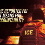 Back view of a person in an ICE tactical vest and beanie, with a fiery red background and the headline about FBI shifts and ICE accountability.