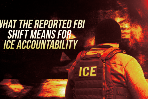 Back view of a person in an ICE tactical vest and beanie, with a fiery red background and the headline about FBI shifts and ICE accountability.