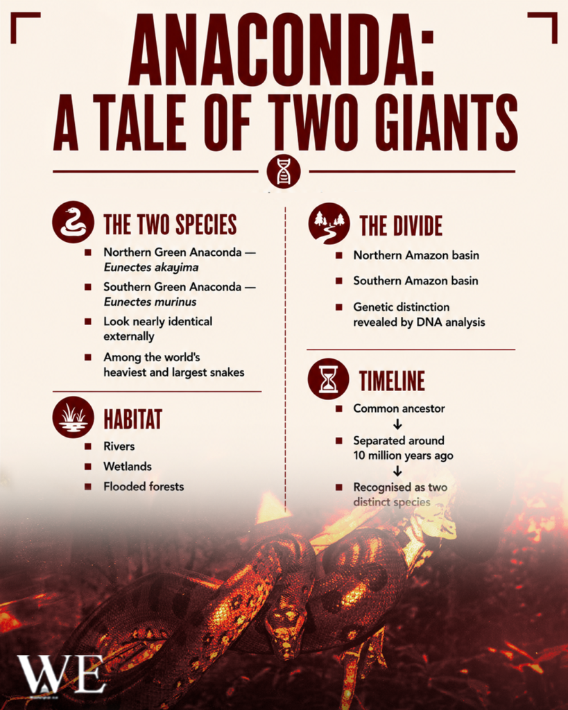 anaconda a tale of two giants 4_5 - washington eye Infographic titled Anaconda: A Tale of Two Giants showing the two anaconda species, their divide, habitat, and timeline sections with icons and bullets at a glance.