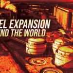 Industrial facility with storage tanks and smokestacks, overlaid by the headline 'Biofuel Expansion Around the World' in bold lettering.