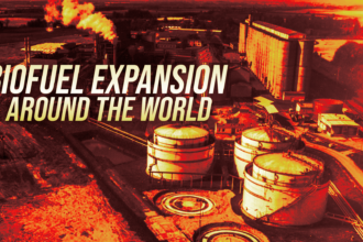 Industrial facility with storage tanks and smokestacks, overlaid by the headline 'Biofuel Expansion Around the World' in bold lettering.