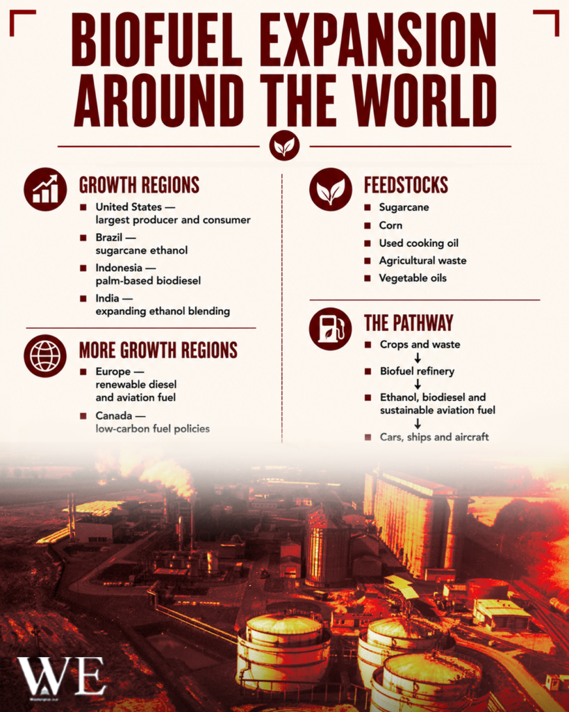 biofuel expansion around the world 4_5 - washington eye Global biofuel expansion infographic with growth regions, feedstocks, and pathway to refinery in a poster style.
