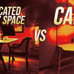 Split image showing a dedicated study space on the left and a cafe setup on the right, with large 'Dedicated Study Space' and 'Café' text.