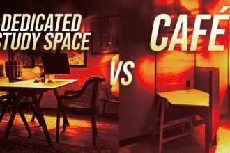 Split image showing a dedicated study space on the left and a cafe setup on the right, with large 'Dedicated Study Space' and 'Café' text.