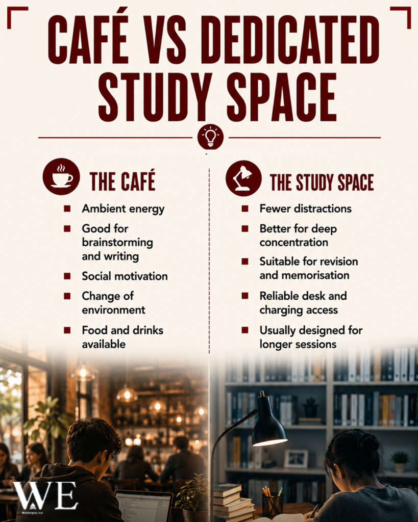 café vs dedicated study space 4_5 - washington eye Infographic contrasting The Café and The Study Space, listing café benefits and study-space advantages.