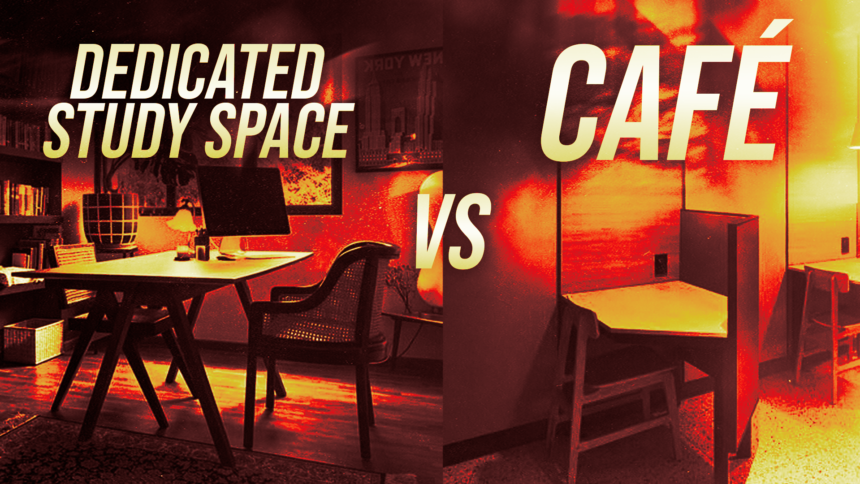 café vs dedicated study space - washington eye Split image showing a dedicated study space on the left and a cafe setup on the right, with large 'Dedicated Study Space' and 'Café' text.