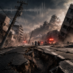 Post-apocalyptic street scene with rescue workers and fire trucks amid collapsed roads and debris, city buildings leaning and a distant fortress on a hill.