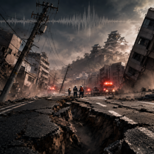 Post-apocalyptic street scene with rescue workers and fire trucks amid collapsed roads and debris, city buildings leaning and a distant fortress on a hill.