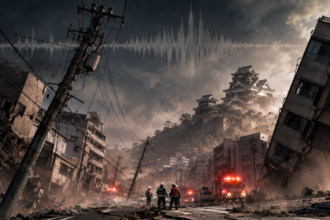 Post-apocalyptic street scene with rescue workers and fire trucks amid collapsed roads and debris, city buildings leaning and a distant fortress on a hill.