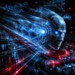 Futuristic holographic head with blue neural network patterns and glowing eyes over a high-tech control room.