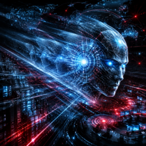 Futuristic holographic head with blue neural network patterns and glowing eyes over a high-tech control room.