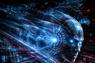 Futuristic holographic head with blue neural network patterns and glowing eyes over a high-tech control room.