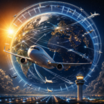 A globe at night and dawn with numerous airplanes circling Earth along luminous flight paths, a control tower in the foreground, and a sunlit runway below.