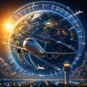 A globe at night and dawn with numerous airplanes circling Earth along luminous flight paths, a control tower in the foreground, and a sunlit runway below.