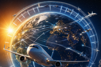 A globe at night and dawn with numerous airplanes circling Earth along luminous flight paths, a control tower in the foreground, and a sunlit runway below.