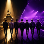 Seven people in suits walk toward a golden gramophone trophy on a pedestal, with a purple-lit audience on the right.