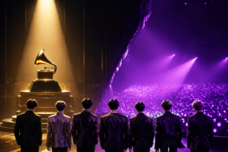 Seven people in suits walk toward a golden gramophone trophy on a pedestal, with a purple-lit audience on the right.