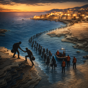 Line of silhouetted people with bags walking into the sea at sunset, guided by workers in orange vests near a small rescue boat.