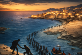 Line of silhouetted people with bags walking into the sea at sunset, guided by workers in orange vests near a small rescue boat.
