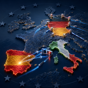 Map of Europe with Germany highlighted in flag colors and illuminated border gates, depicting Germany’s central role in EU logistics and transport.