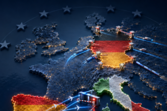 Map of Europe with Germany highlighted in flag colors and illuminated border gates, depicting Germany’s central role in EU logistics and transport.