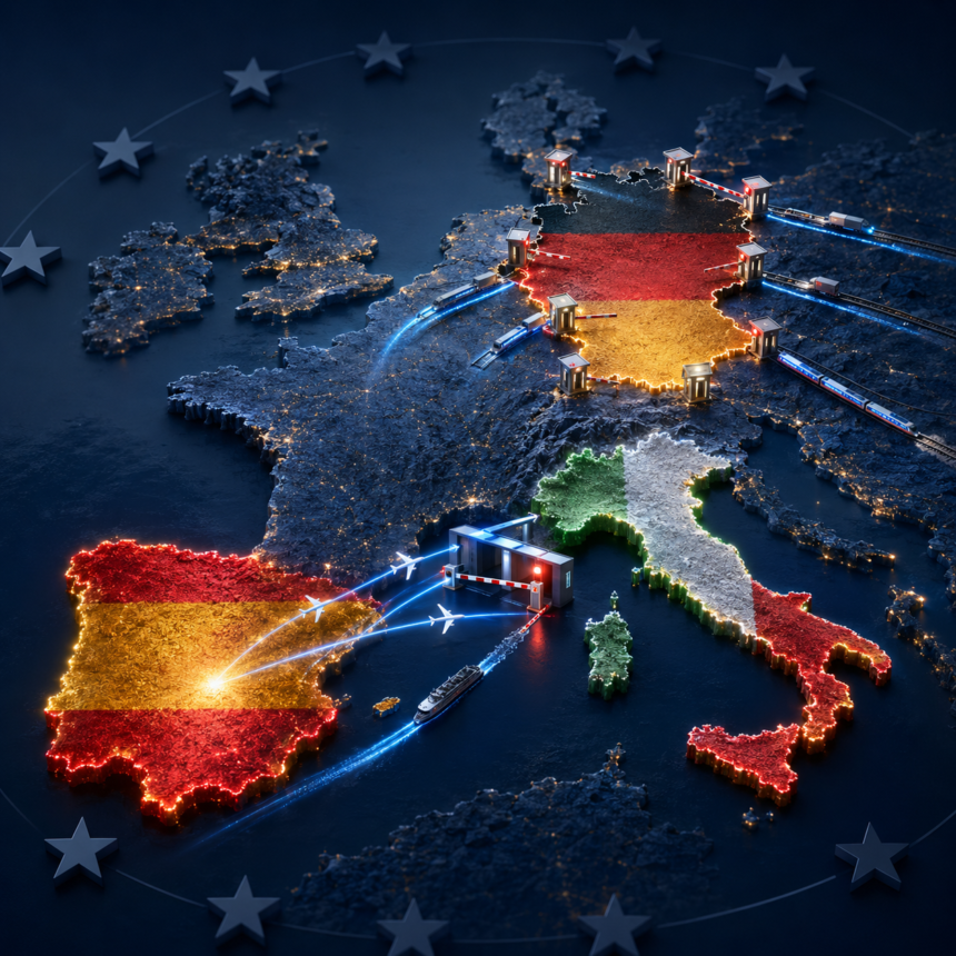 chatgpt image aug 11 2026 01_38_09 pm - washington eye Map of Europe with Germany highlighted in flag colors and illuminated border gates, depicting Germany’s central role in EU logistics and transport.
