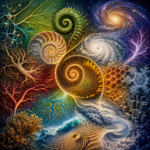 Abstract fractal spirals and cosmic scenery intertwine with coral, trees, and ocean waves in a vibrant surreal collage.