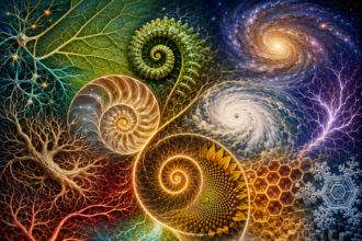 Abstract fractal spirals and cosmic scenery intertwine with coral, trees, and ocean waves in a vibrant surreal collage.