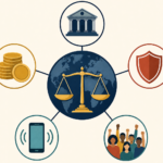 Global justice concept connecting law, finance, security, technology, and civic participation through a central scales-and-globe icon.