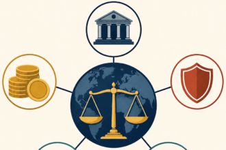 Global justice concept connecting law, finance, security, technology, and civic participation through a central scales-and-globe icon.