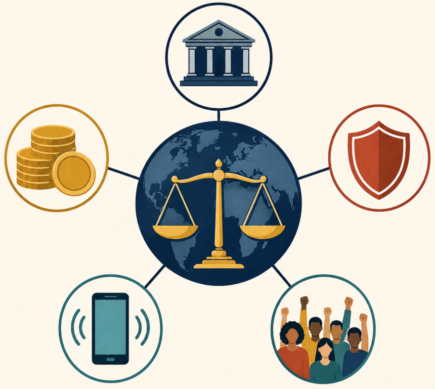 Global justice concept connecting law, finance, security, technology, and civic participation through a central scales-and-globe icon.