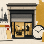 Closed storefront with a large clock, a yellow shopping bag, and a desk calendar in a beige cityscape illustration.