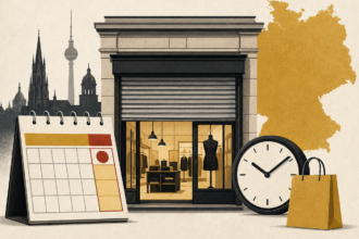 Closed storefront with a large clock, a yellow shopping bag, and a desk calendar in a beige cityscape illustration.