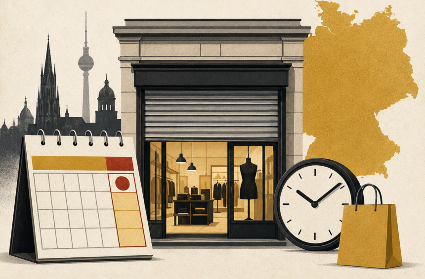 Closed storefront with a large clock, a yellow shopping bag, and a desk calendar in a beige cityscape illustration.