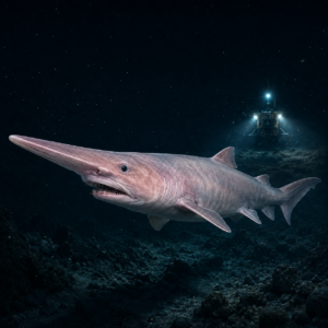 Pale long-snouted shark swimming above a rocky ocean floor at night, with a lit research sub in the background.