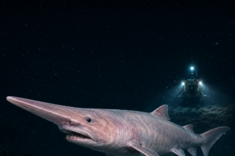 Pale long-snouted shark swimming above a rocky ocean floor at night, with a lit research sub in the background.