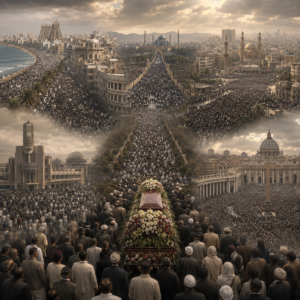 A massive funeral procession along a central city avenue, with a flower-decorated coffin carriage and a dense crowd.