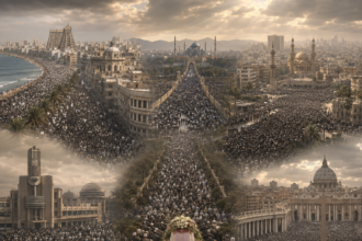A massive funeral procession along a central city avenue, with a flower-decorated coffin carriage and a dense crowd.