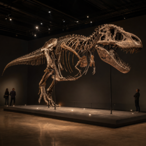 Large Tyrannosaurus rex skeleton on display in a dimly lit museum gallery, mounted on a platform with visitors observing nearby.