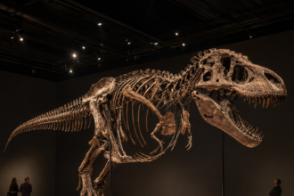 Large Tyrannosaurus rex skeleton on display in a dimly lit museum gallery, mounted on a platform with visitors observing nearby.