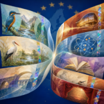 Vibrant collage of nature, science, and culture shaping from a central point, with EU stars in the background.