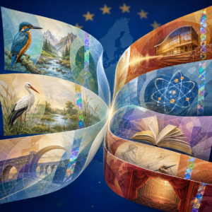 Vibrant collage of nature, science, and culture shaping from a central point, with EU stars in the background.