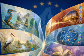 Vibrant collage of nature, science, and culture shaping from a central point, with EU stars in the background.